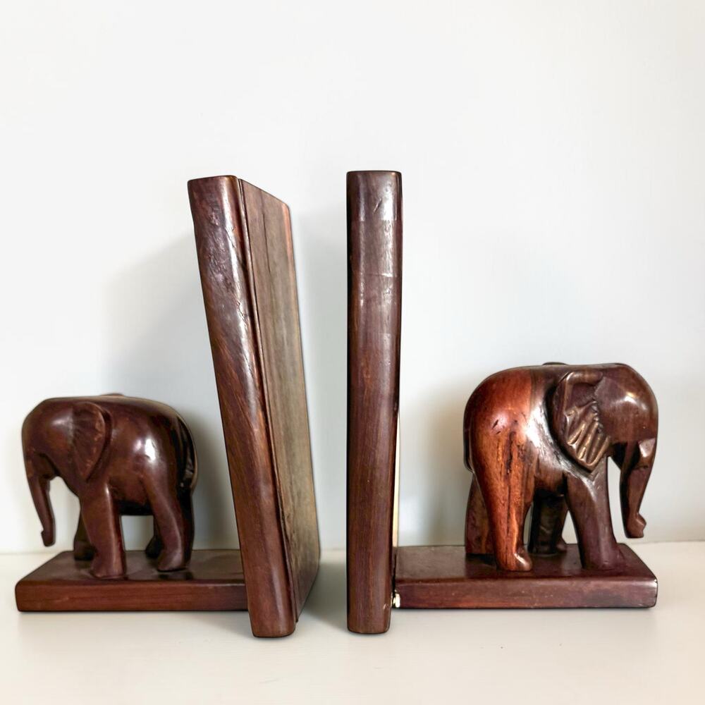 Vintage Wooden Elephant Bookends | Carved Elephant Shelf Decor Pair
